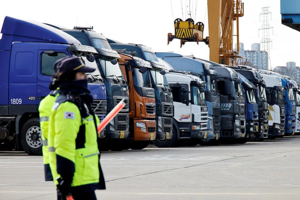 The strike has disrupted supply chains and, according to the government, in its first 12 days delayed delivery of goods worth 3.5 trillion won (S$3.5 billion).