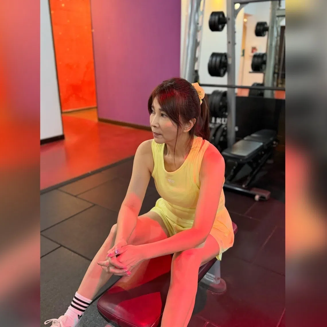 Singaporean actress Chen Xiuhuan during a gym session.