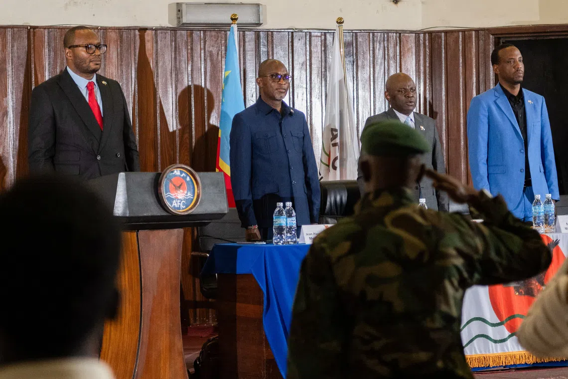 Members of the AFC-M23 Movement delegation attend a press conference on the framework peace agreement signed in Doha on November 15, in Goma, North Kivu Province, Democratic Republic of Congo, November 20, 2025. REUTERS/Stringer