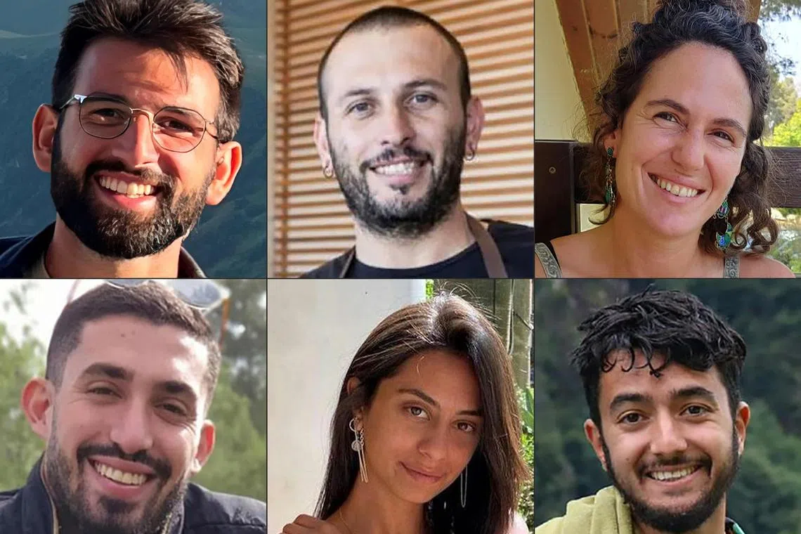 The bodies of (clockwise from top left) Mr Almog Sarusi, Mr Alexander Lobanov, Ms Carmel Gat, Mr Hersh Goldberg-Polin, Ms Eden Yerushalmi and Mr Ori Danino were found in a tunnel in southern Gaza.