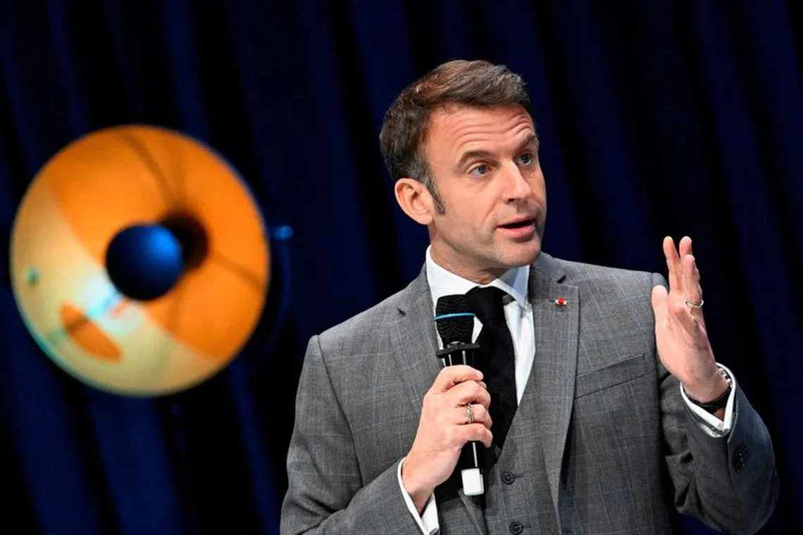 French President Emmanuel Macron gestures as he delivers a speech during the 18th edition of French conference on the maritime economy in Nantes, France, November 28, 2023.   Damien Meyer/Pool via REUTERS/File Photo