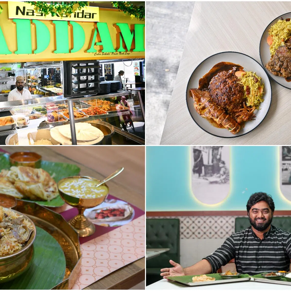 (Clockwise from top left) Co-owner Sirajudeen Abuthahir at Nasi Kandar Saddam, Meal Sotong and Meal Ayam Madu at Yaseem Nasi Kandar restaurant, Ramnad Ponni Mess co-owner Mohamed Ansar Ali at his South Indian mess-style eatery, and Madurai-style Mutton Briyani, Bun Parotta and Paruthipal at Kumar Mess.
