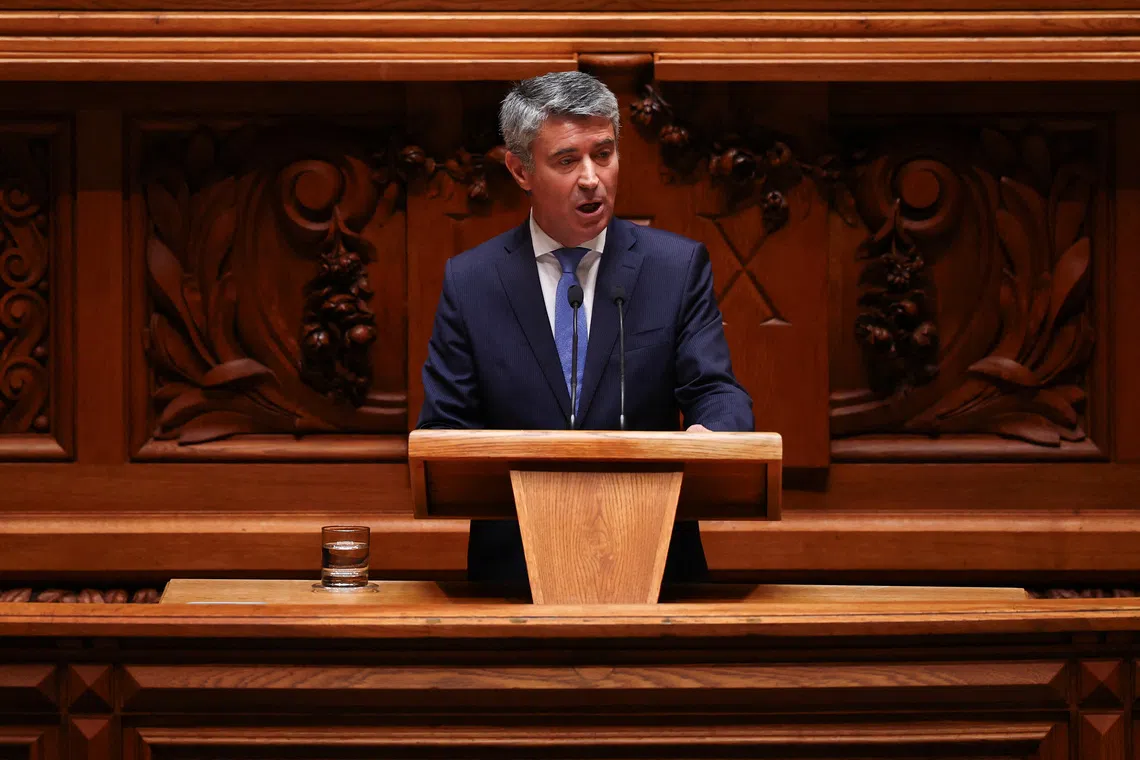 Jose Luis Carneiro from the Portuguese Socialist party speaks during the debate on the new elected government program, at the parliament in Lisbon, Portugal, June 18, 2025. REUTERS/Pedro Nunes
