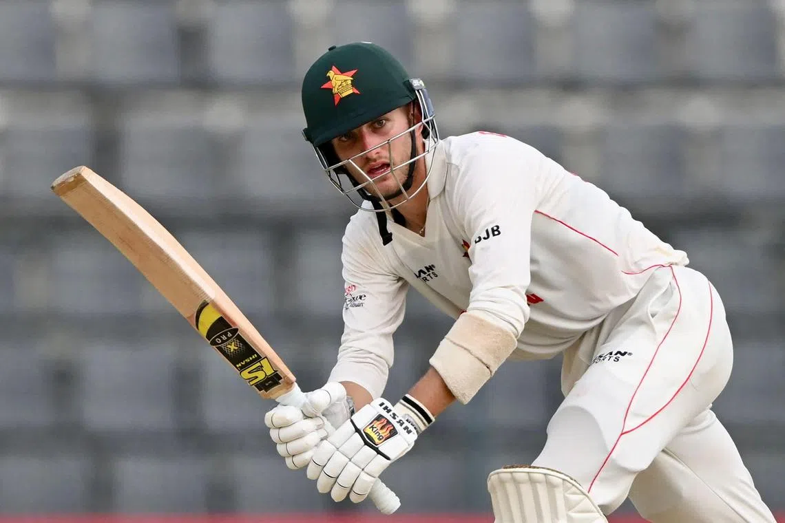 Zimbabwe’s Brian Bennett plays a shot on the fourth day of the first Test against Bangladesh at the Sylhet International Cricket Stadium on April 23, 2025.