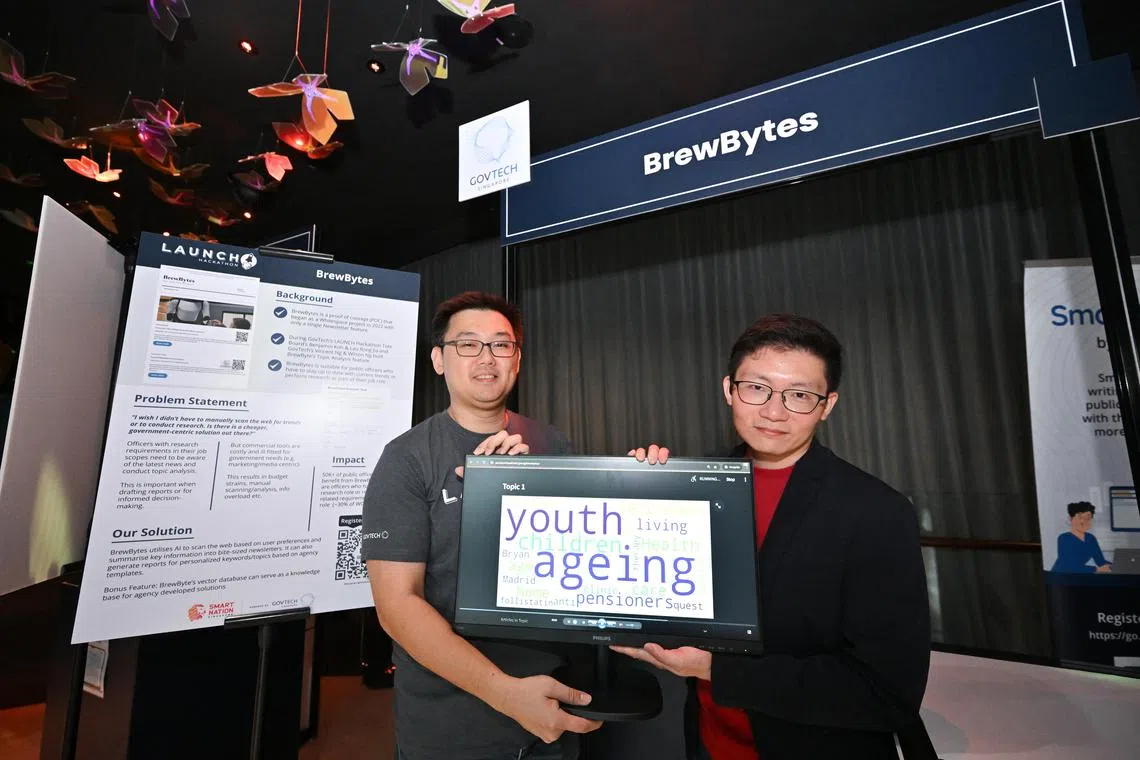 ST20241115-202436900655-Lim Yaohui-Osmond Chia-oclaunch15/
Mr Lau Rong Jia, (left) 42, Assistant Director (Strategic Planning), Tote Board, and Mr Vincent Ng, 43, Senior AI Engineer (Launch!), GovTech, showing related keywords from the related articles, in front of their BrewBytes booth at Jewel Changi Airport on Nov 15, 2024.
BrewBytes is an AI application that finds news articles from around the world and sends curated articles to users based on their preferences. It also allows users to understand the trends of each topic.
GovTech will showcase a range of public service tech prototypes that its teams have designed over the years. These include Brewbytes - an AI application that finds news articles from around the world and sends curated content to users based on their preferences, allowing them to understand trends of each topic, and a Global Search Tool for translation that boosts translators' efficiency and accuracy, helping citizens better understand government policies and messages. The event will also feature the finale of Prompt Royale, the largest whole-of-government competition for public officers to practise and showcase their skills in prompt engineering.
(ST PHOTO: LIM YAOHUI)