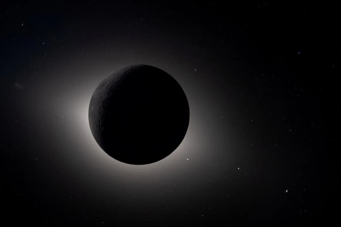 The Sun is fully eclipsed by the Moon during the Artemis II crew's lunar flyby as seen on  April 7, 2026. 
