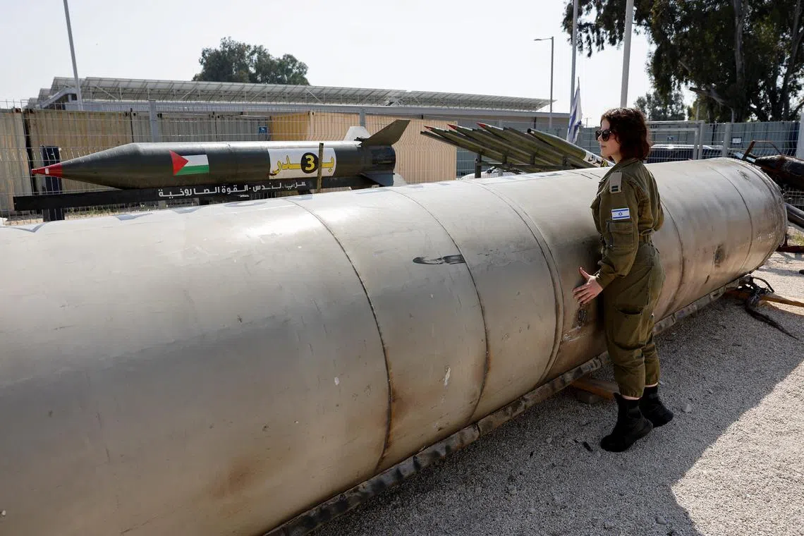 Israel's military displays what they say is an Iranian ballistic missile which they retrieved from the Dead Sea after Iran launched drones and missiles towards Israel, at Julis military base, in southern Israel April 16, 2024. REUTERS/Amir Cohen