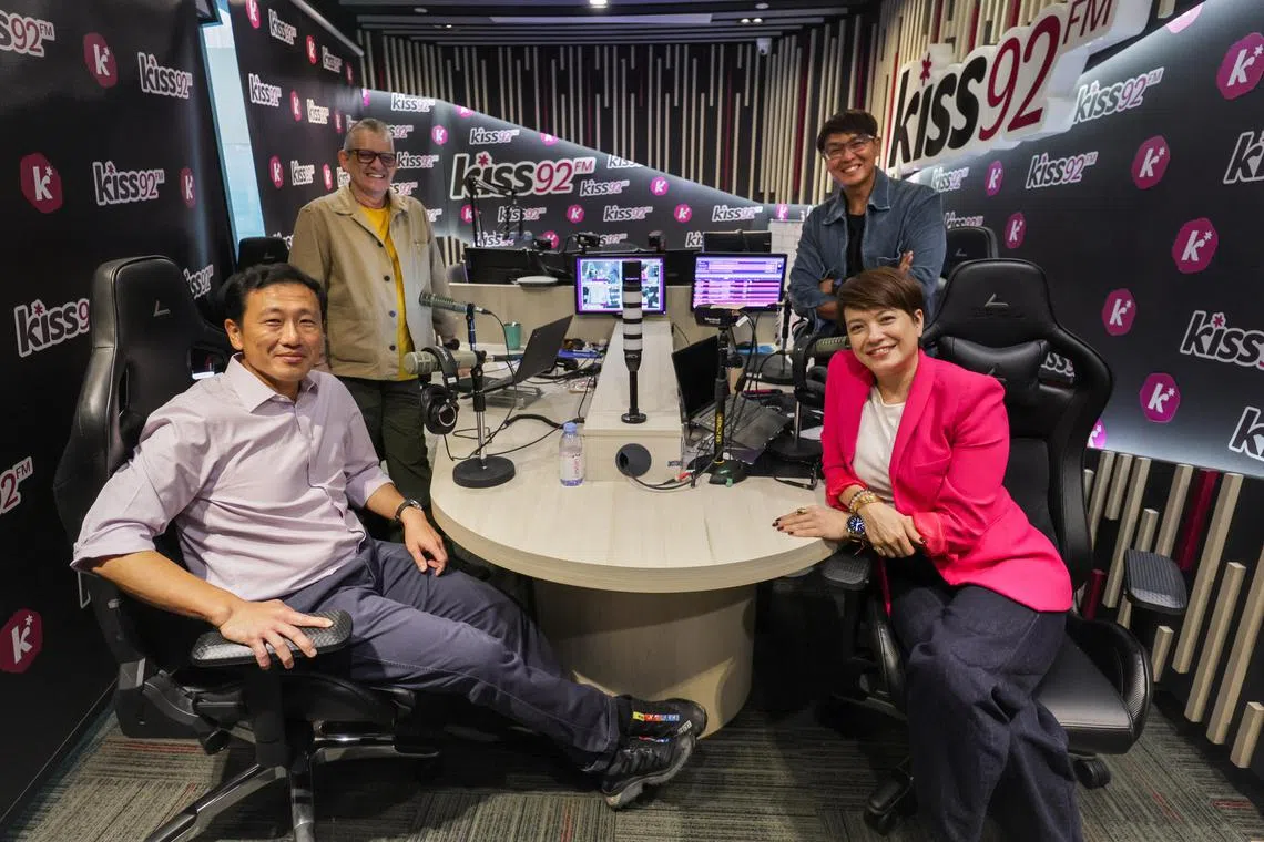 (From left): Minister for Health Ong Ye Kung, DJs The Flying Dutchman, Glenn Ong, and Angelique Teo at SPH Radio Kiss92 studio in News Centre on Oct 18, 2024. 

Minister for Health Ong Ye Kung goes on Kiss92's The Big Show to speak about the recent MediShield Life review at SPH News Centre on Oct 18, 2024.