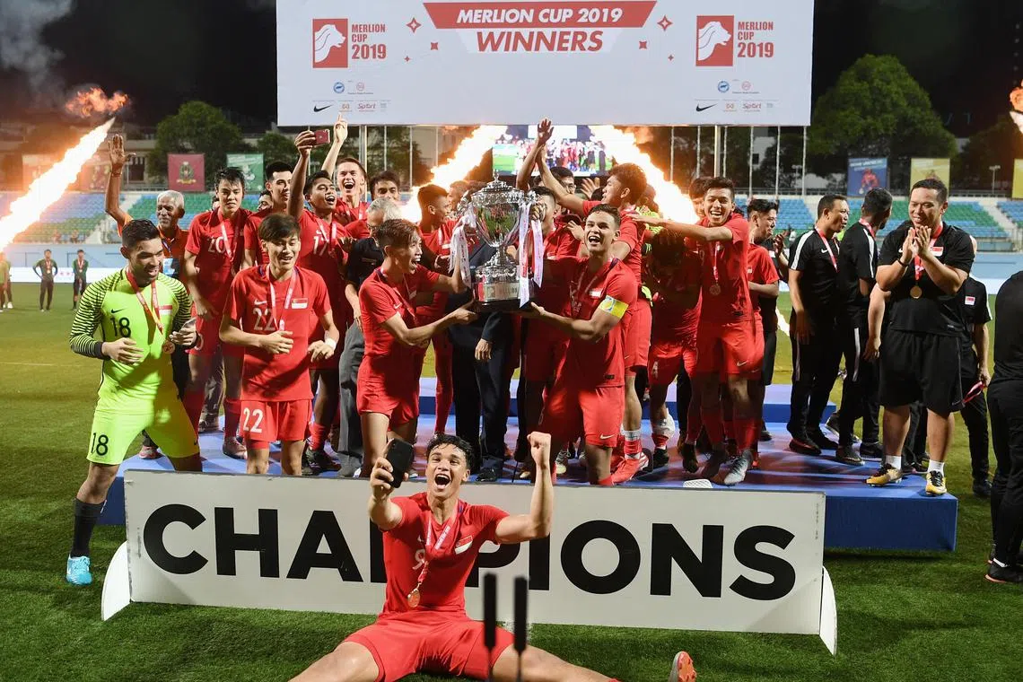 Singapore Under-22 team defeated Thailand U-22 1-0 to lift the Merlion Cup at the Jalan Besar Stadium on 9 Jun 2019.