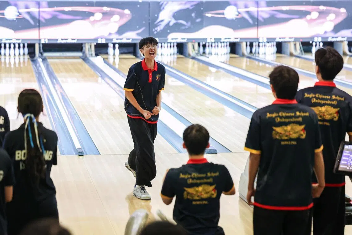ACS(I) bowler Leighton Kuah, 15, celebrating after scoring a strike during the final round of the National School Games B Division boys' bowling competition.