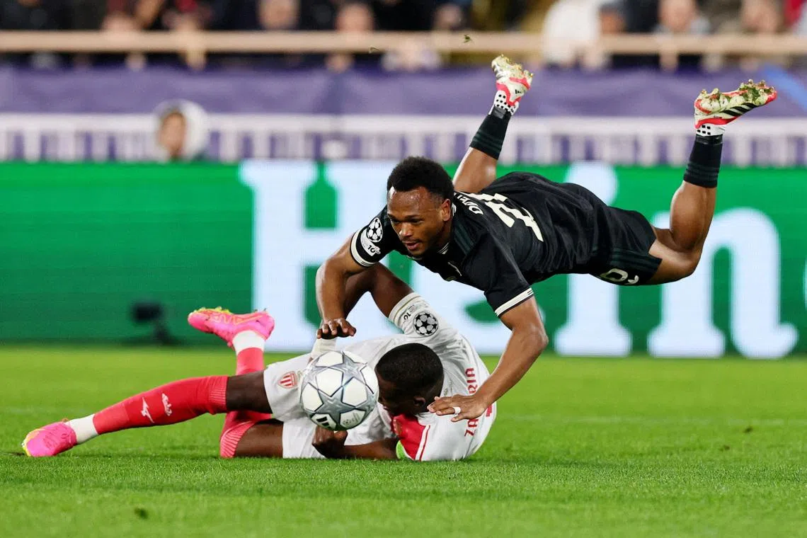 Juventus' Lois Openda (in black) tussling with AS Monaco's Denis Zakaria  during the UEFA Champions League match between AS Monaco and Juventus  at the Stade Louis-II, Monaco on Jan 28, 2026