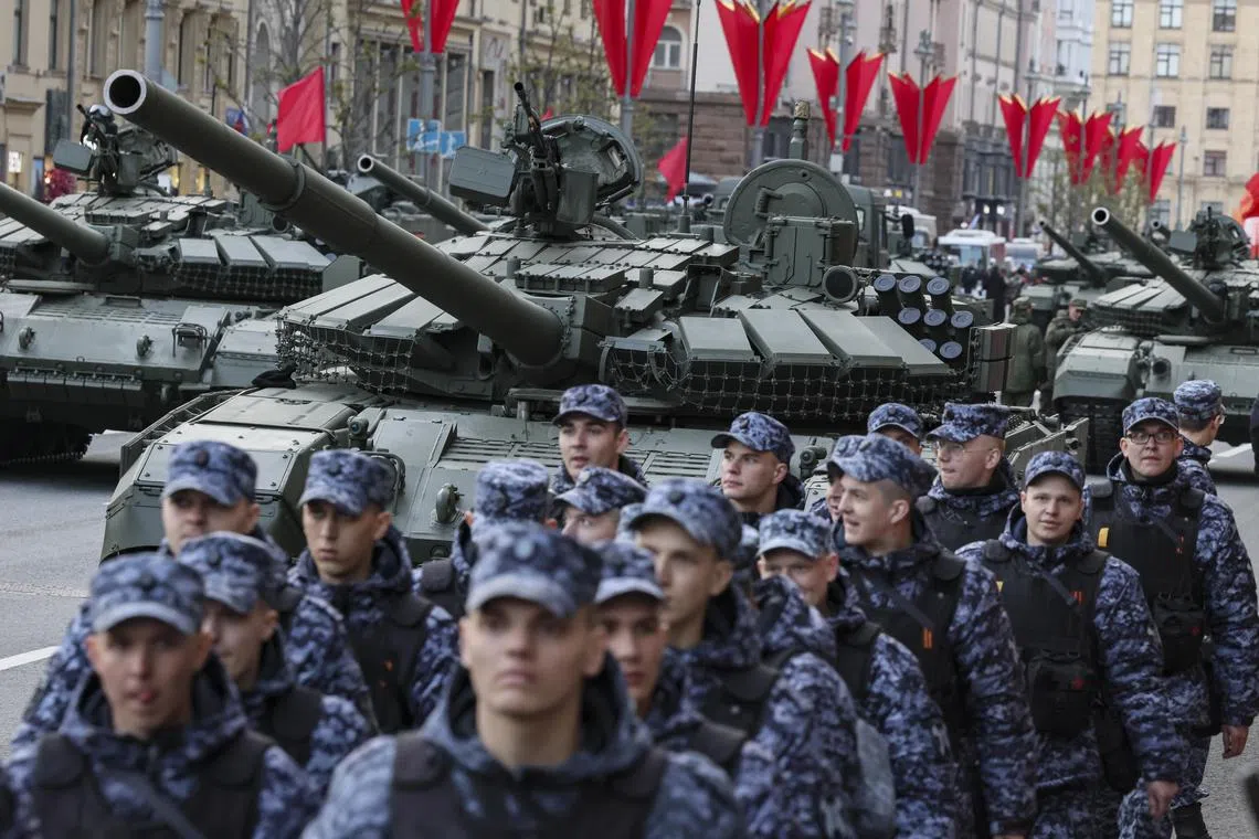 A rehearsal on May 3 ahead of the annual Victory Day military parade in Moscow on May 9. 