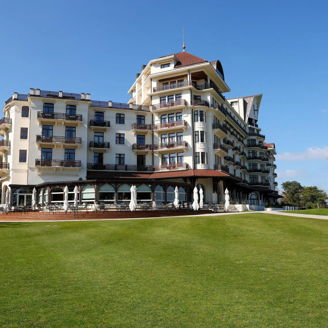Overview of the Evian Resort hotel where the 2026 G7 summit will take place in Evian-les-Bains, France, April 2, 2026. REUTERS/Denis Balibouse