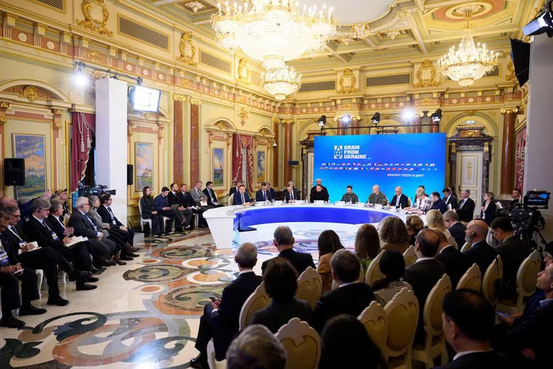 Ukraine's President Volodymyr Zelenskiy, Swiss President Alain Berset, Latvian President Edgars Rinkevics and Lithuanian Prime Minister Ingrida Simonyte attend an international summit on food security 'Grain from Ukraine', amid Russia's ongoing attack on Ukraine, in Kyiv, Ukraine November 25, 2023. Ukrainian Presidential Press Service/Handout via REUTERS
