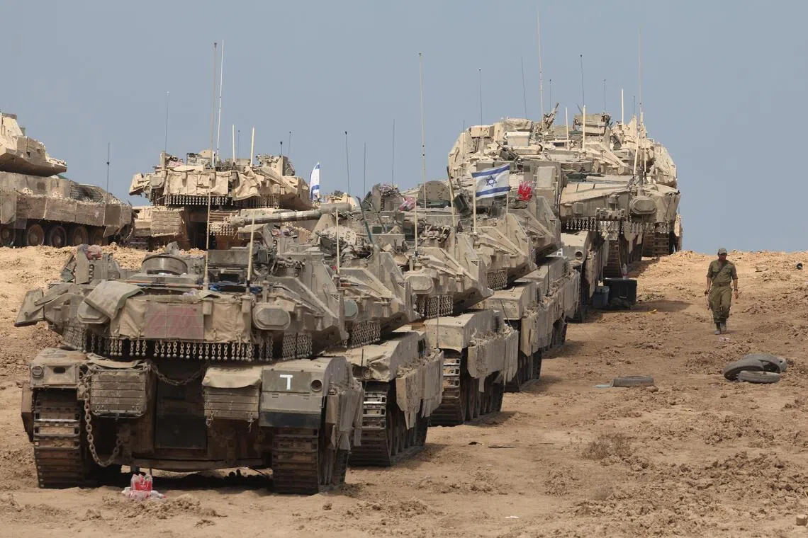 Israeli tanks deployed near the border with Gaza, in southern Israel, on Sept 17.
