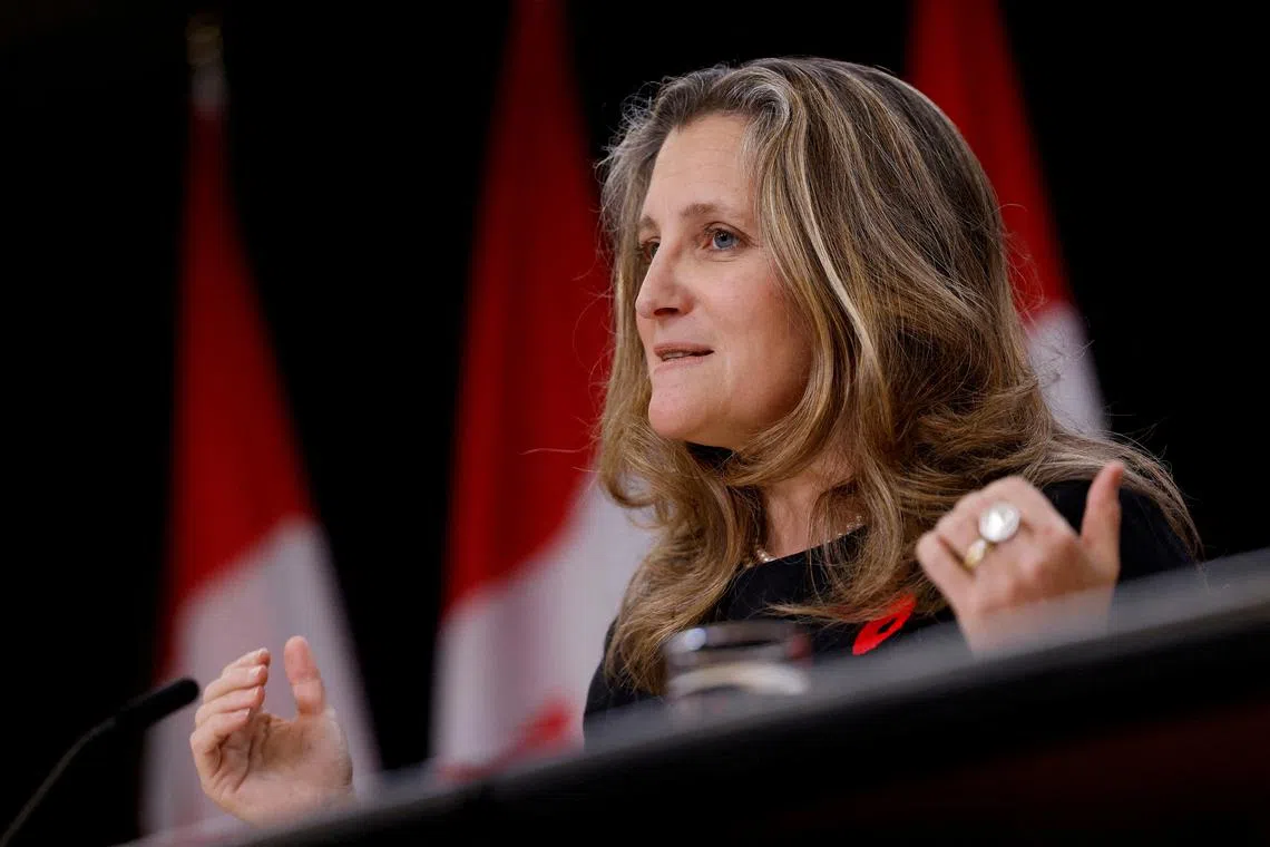 FILE PHOTO: Canada's Deputy Prime Minister and Minister of Finance Chrystia Freeland speaks during a press conference in Ottawa, Ontario, Canada November 6, 2024. REUTERS/Blair Gable/File Photo
