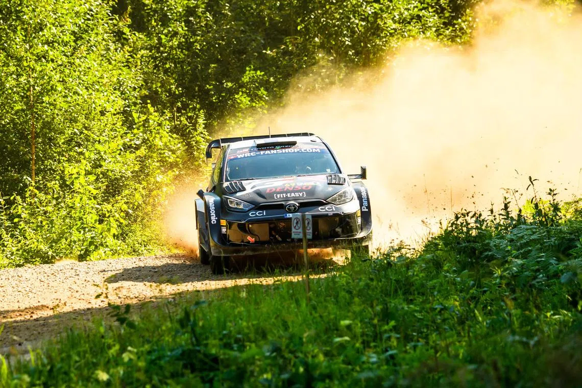 Kalle Rovanpera with co-driver Jonne Haltunnen steer their car during SS10 at WRC TET Rally Latvia WRC event organised for the first time in Latvia, on July 20, 2024 in Snepele.