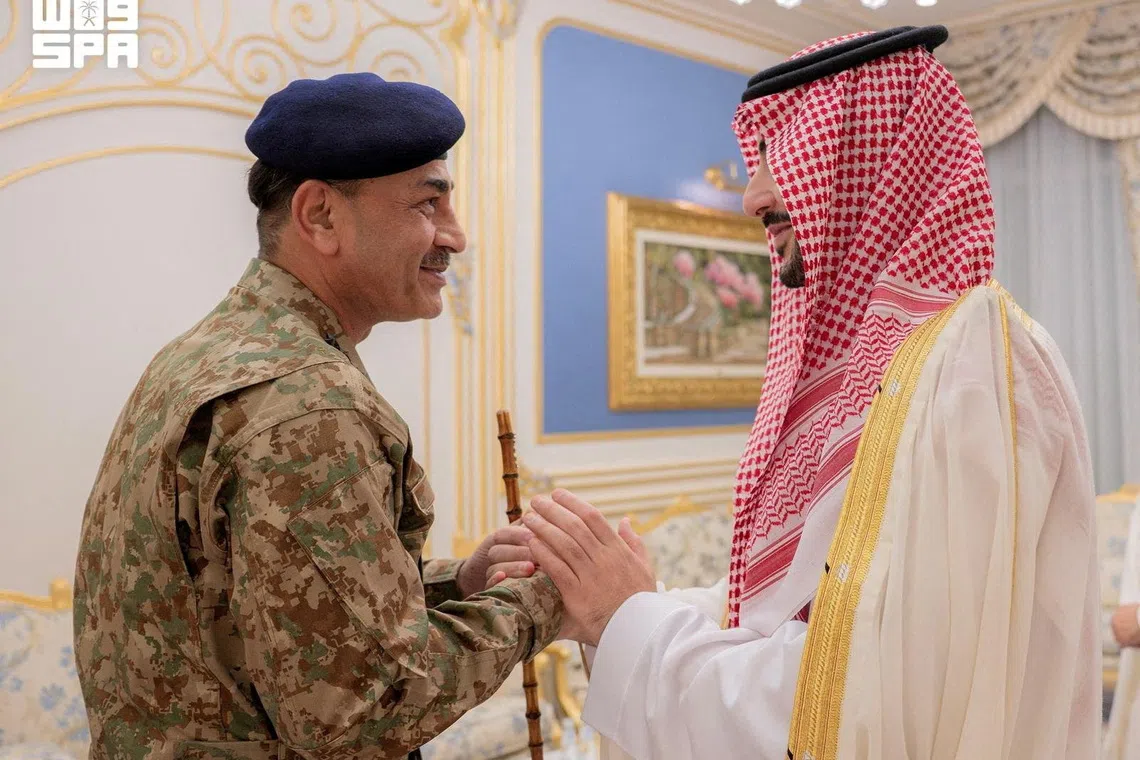 FILE PHOTO: Saudi Defense Minister Prince Khalid bin Salman bin Abdulaziz Al Saud meets Pakistan's Chief of the Defence Forces and Chief of Army Staff Field Marshal Asim Munir, in Riyadh, Saudi Arabia, September 25, 2026. Saudi Press Agency/Handout via REUTERS