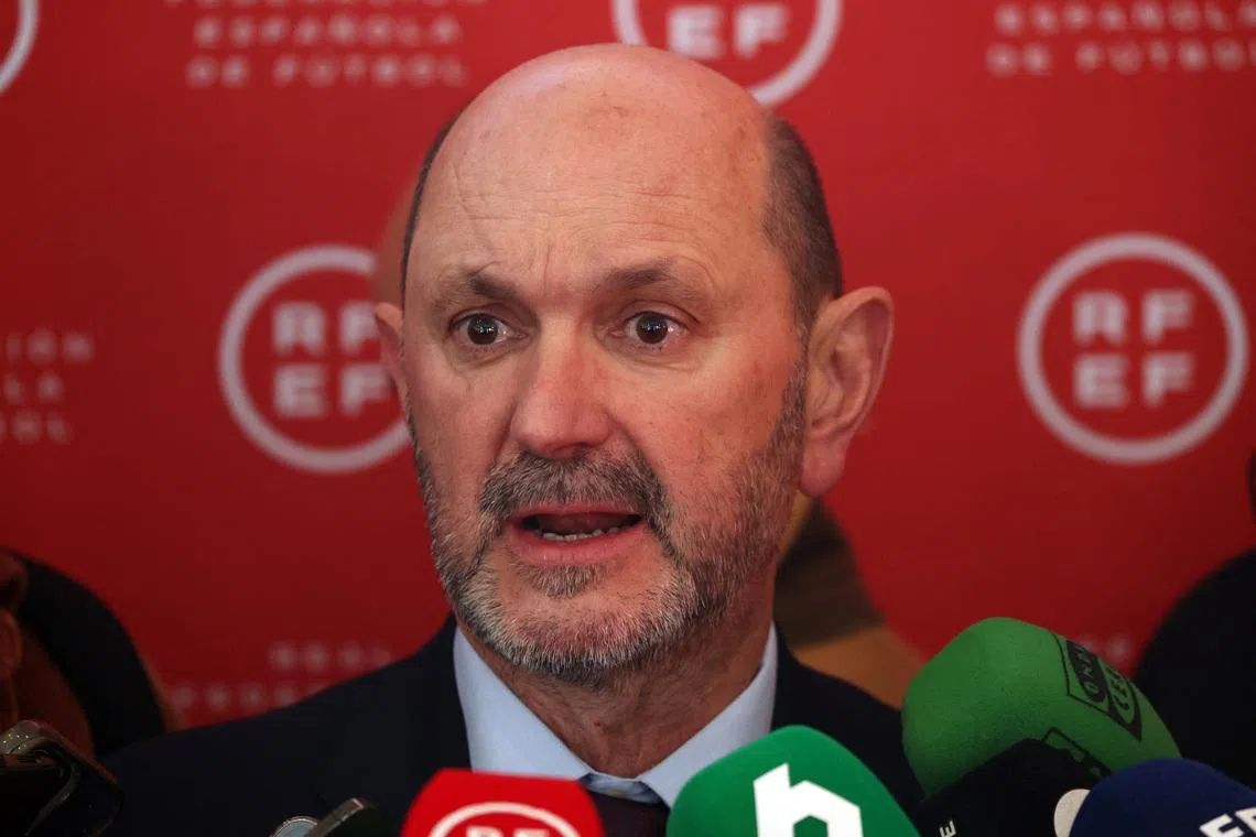 Soccer Football - Spain's Football Federation elects a new president - Ciudad del Futbol, Las Rozas, Spain - December 16, 2024 New Spanish Football Federation president Rafael Louzan speaks to the media after being elected REUTERS/Isabel Infantes