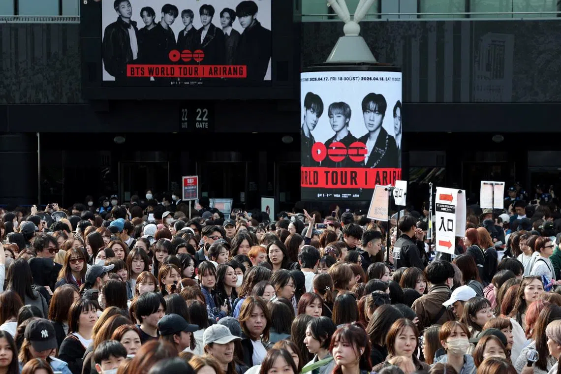 BTS fans throng around the Tokyo Dome before the start of the band’s concert  in Tokyo, Japan, on April 17.