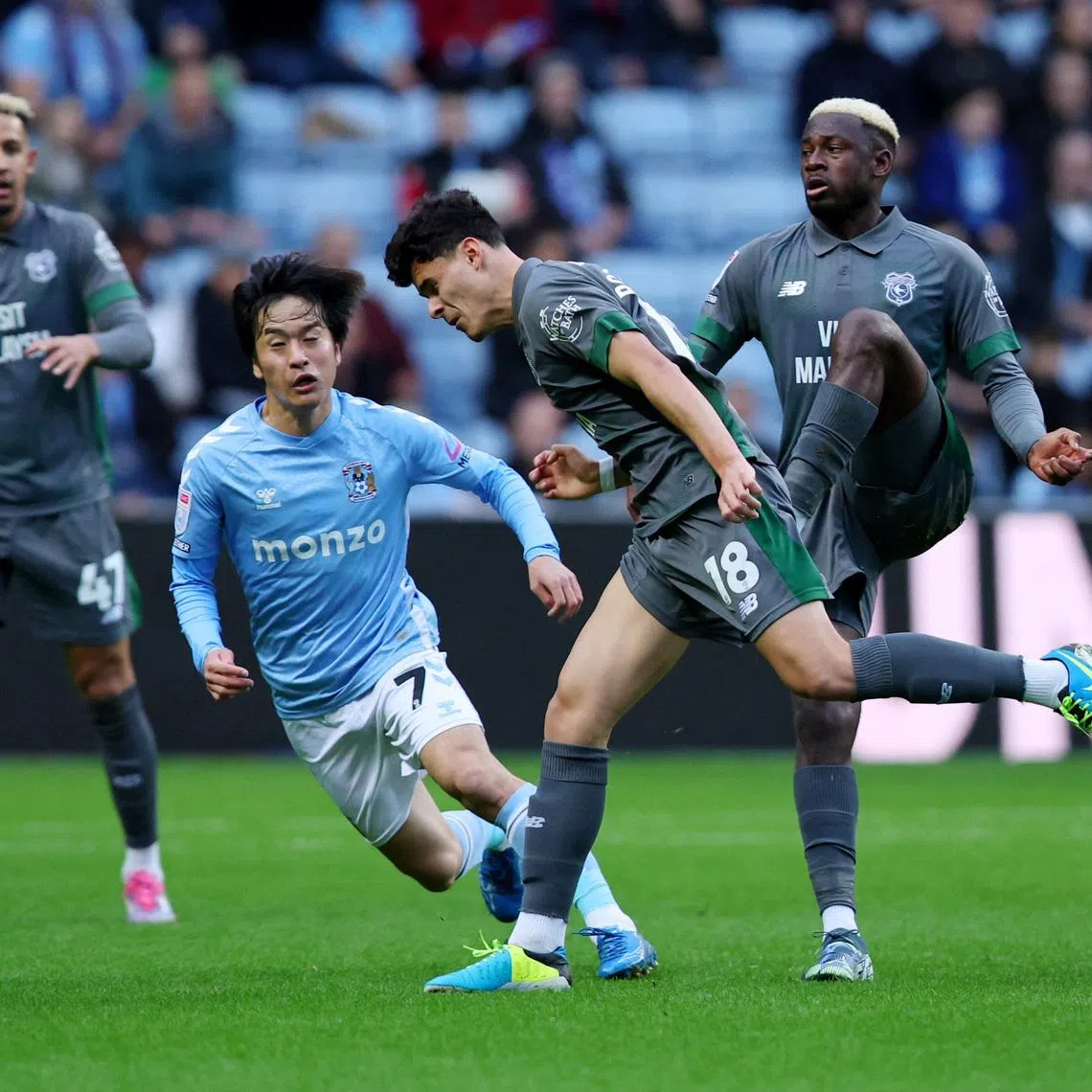 FILE PHOTO: Soccer Football - Championship - Coventry City v Cardiff City - Coventry Building Society Arena, Coventry, Britain - November 30, 2024 Coventry City's Tatsuhiro Sakamoto in action with Cardiff City's Alex Robertson Action Images/Craig Brough