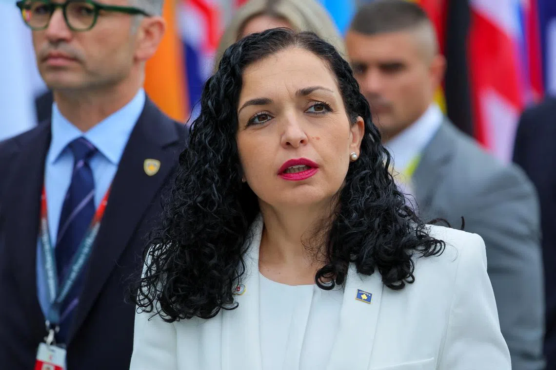 FILE PHOTO: President of Kosovo Vjosa Osmani looks on, on the day of the opening ceremony of the Summit on Peace in Ukraine at the Buergenstock Resort in Stansstad near Lucerne, Switzerland, June 15, 2024. REUTERS/Denis Balibouse/Pool/File Photo