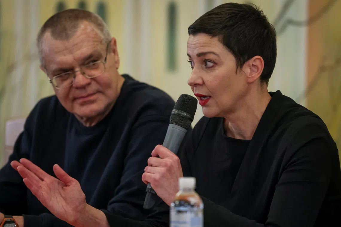 Belarusian opposition figures Maria Kolesnikova (Maria Kalesnikava) and Viktor Babaryko attend a press conference after their release yesterday, amid Russia's attack on Ukraine, in Chernihiv, Ukraine, December 14, 2025. Ukraine received 114 prisoners released by Belarus on Saturday, Kyiv's POW coordination center said, including Ukrainian citizens accused of working for Ukrainian intelligence and Belarusian political prisoners. REUTERS/Maksym Kishka