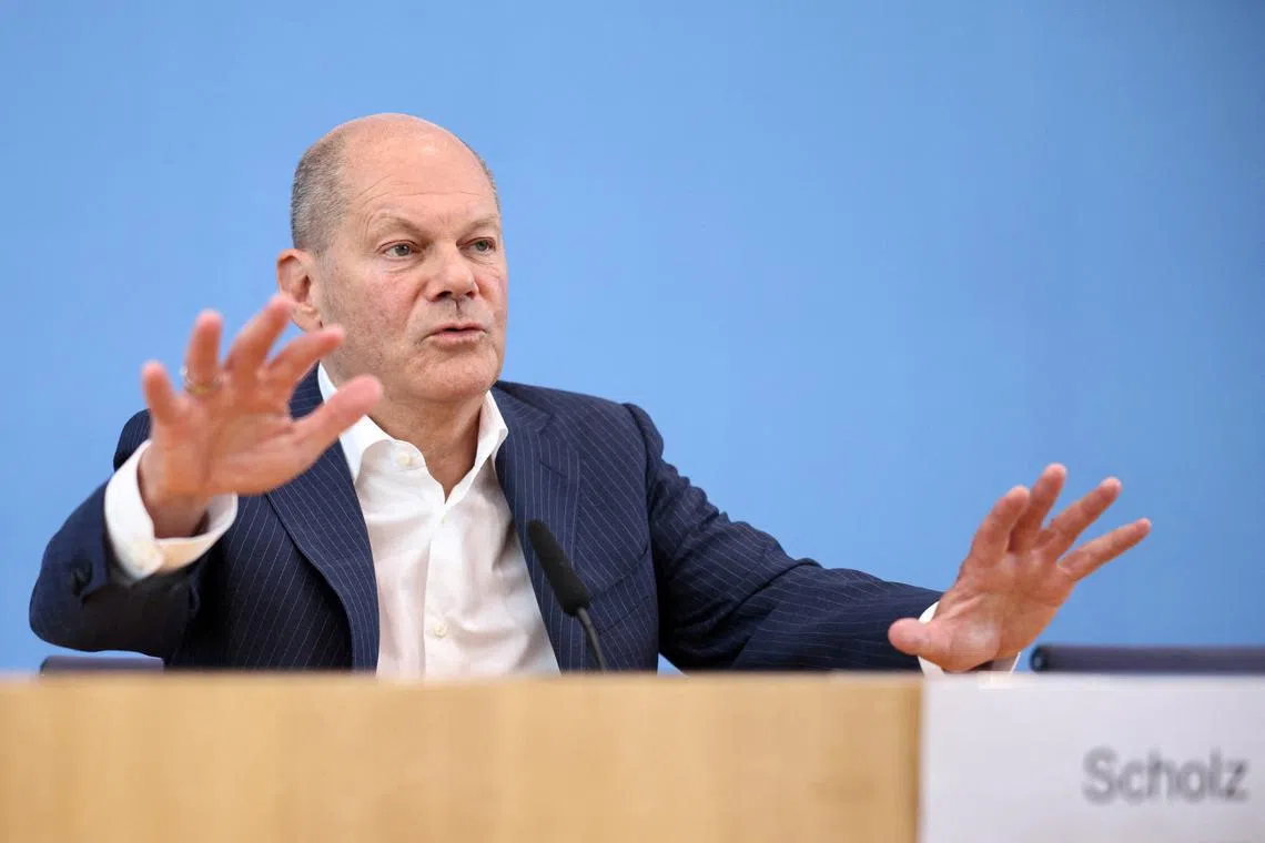 FILE PHOTO: German Chancellor Olaf Scholz speaks during the traditional \"summer press conference\" in Berlin, Germany, July 24, 2024. REUTERS/Liesa Johannssen/File Photo