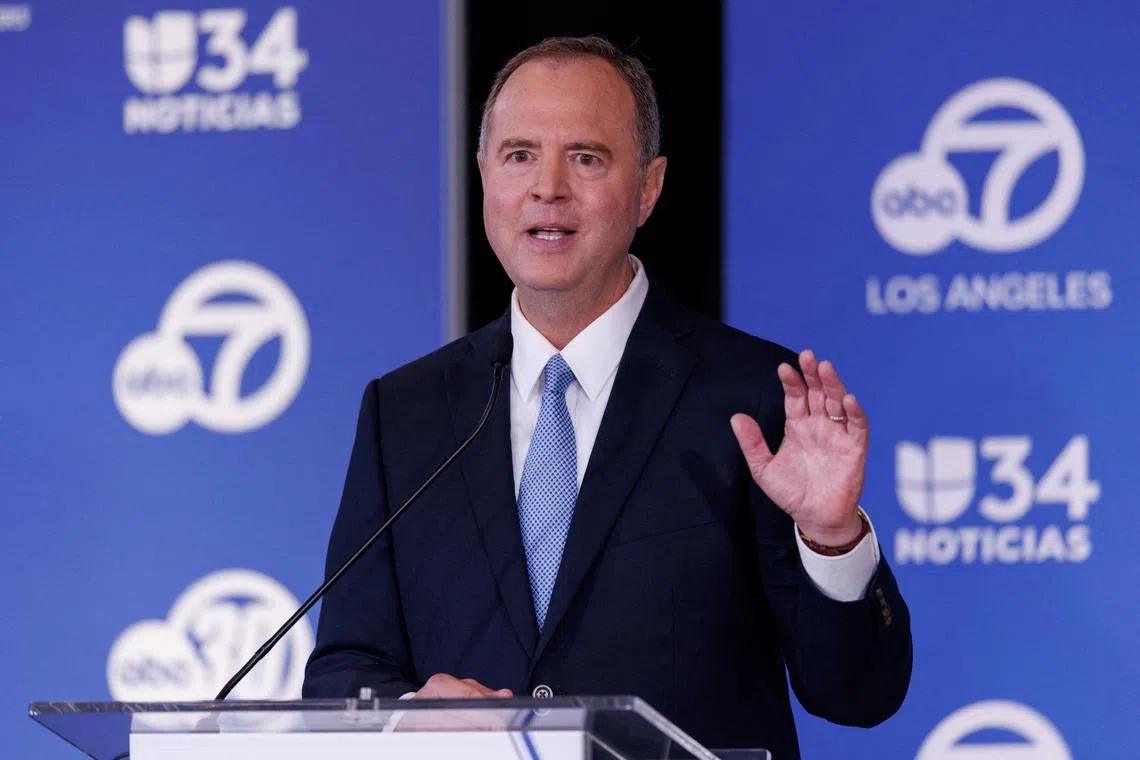 FILE PHOTO: California U.S. Senate candidate Rep. Adam Schiff, D-CA, speaks during his debate with Republican candidate and former Los Angeles Dodger Steve Garvey (not pictured) during the 2024 California U.S. Senate Candidate Forum in Glendale, California, U.S., October 8, 2024. REUTERS/Mike Blake/File Photo