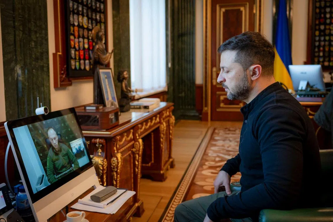 Ukrainian President Volodymyr Zelensky receiving an online briefing from General Oleksandr Syrsky, commander-in-chief of Ukraine's armed forces.