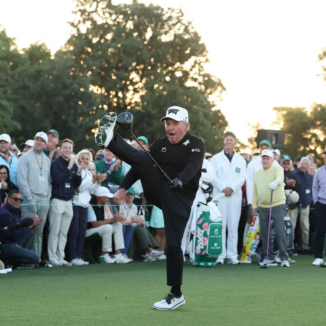 Honorary Starter Gary Player of South Africa reacting after his shot on the first tee during the first round of the 2026 Masters Tournament at Augusta National Golf Club on April 9, 2026, in Augusta, Georgia.