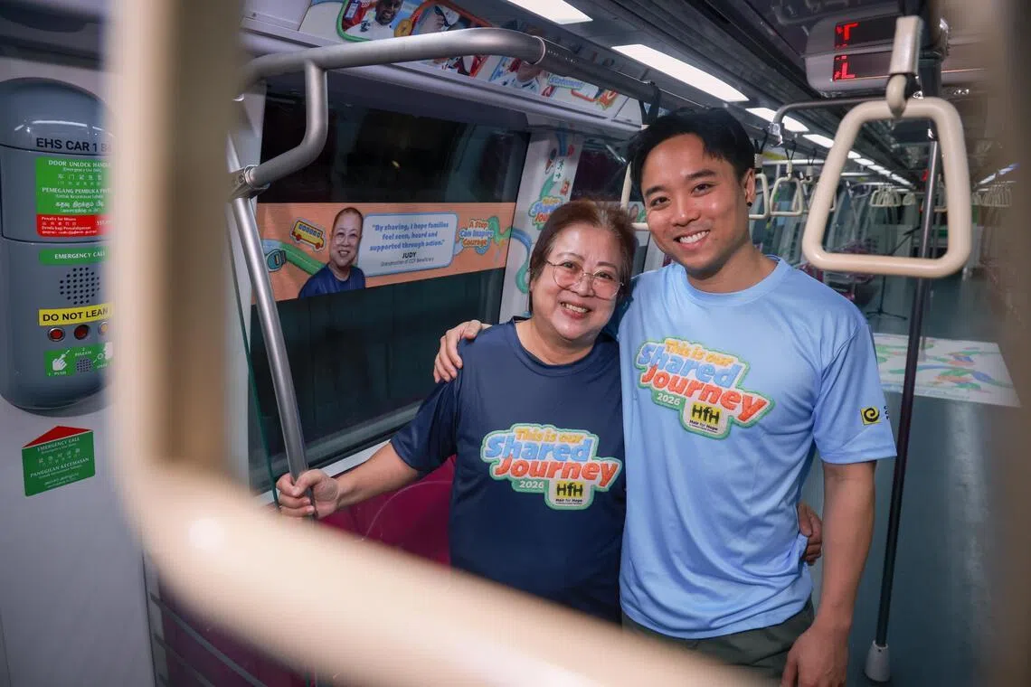ST20260504_202669000114/johair04/Justine Ong/Jason Quah

Judy Tan, grandmother of a Children's Cancer Foundation (CCF) beneficiary, and her son Eugene Tay, uncle of beneficiary, pictured onboard a Hair for Hope 2026 Concept Train on May 4, 2026. CCF, in collaboration with SMRT Trains, launches the Hair for Hope 2026 Concept Train, bringing the campaign's message of solidarity and support directly into the daily journeys of commuters across Singapore. ST PHOTO: JASON QUAH