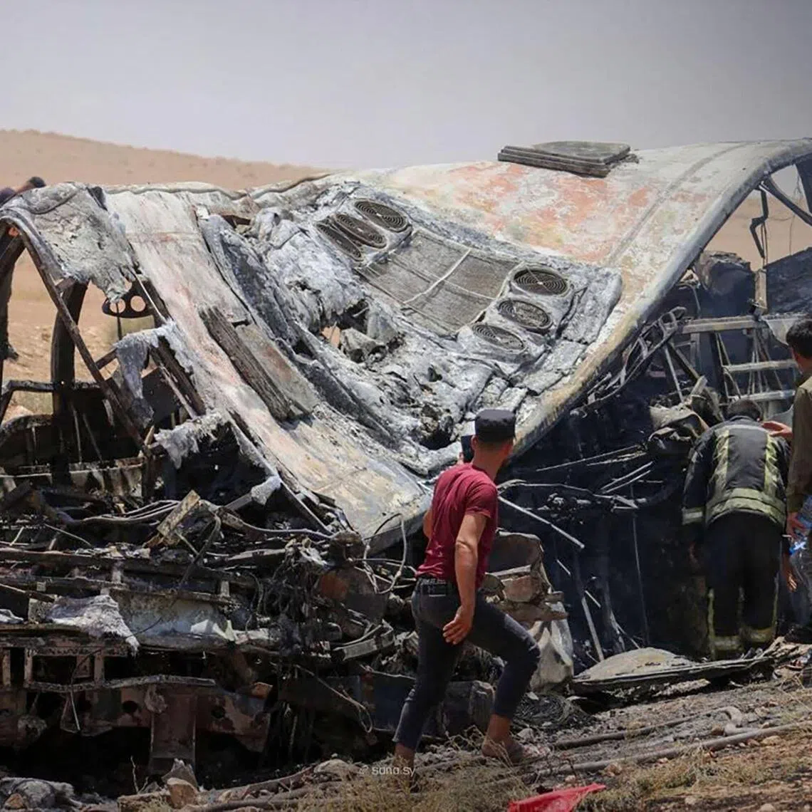 Military helicopters were deployed to airlift casualties from the scene, after a civilian bus and one carrying internal security forces personnel collided in Syria on July 25.