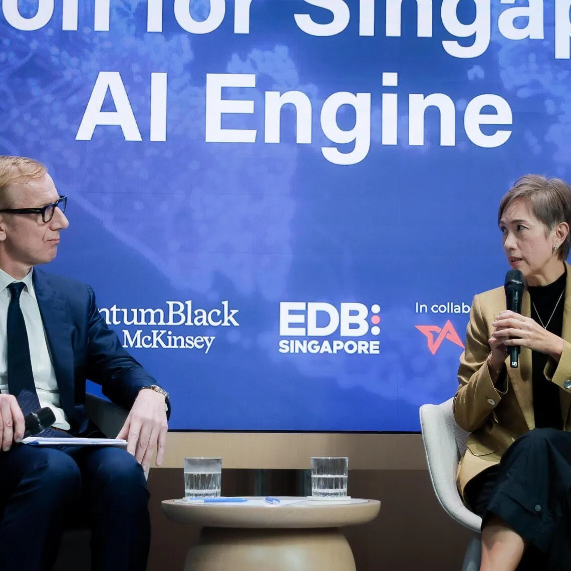 Fireside chat with Minister for Digital Development and Information, Josephine Teo (right), moderated by Senior Partner at McKinsey & Company, Daniel Pacthod, at the launch of AI in Southeast Asia held at the Singapore Land Tower on Feb 11, 2026.