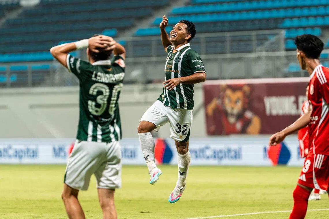 Sahil Suhaimi celebrates after scoring for his boyhood club Geylang International in the 5-1 win over Young Lions.