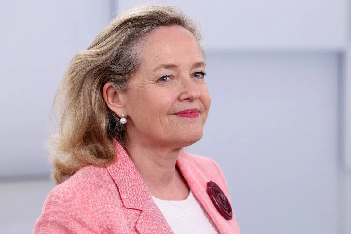 FILE PHOTO: Nadia Calvino, president of the European Investment Bank, attends an interview with Reuters, during the 4th International Conference on Financing for Development, in Seville, Spain, July 1, 2025. REUTERS/Claudia Greco/File Photo
