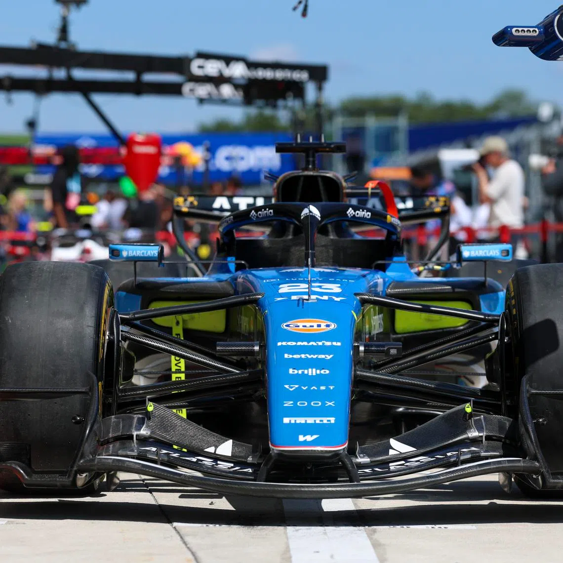 May 1, 2026; Miami Gardens, FL, USA;Williams driver Alex Albon (23) sits in pit lane before the Crypto.com Miami Grand Prix at Miami International Autodrome. Mandatory Credit: Nathan Ray Seebeck-Imagn Images