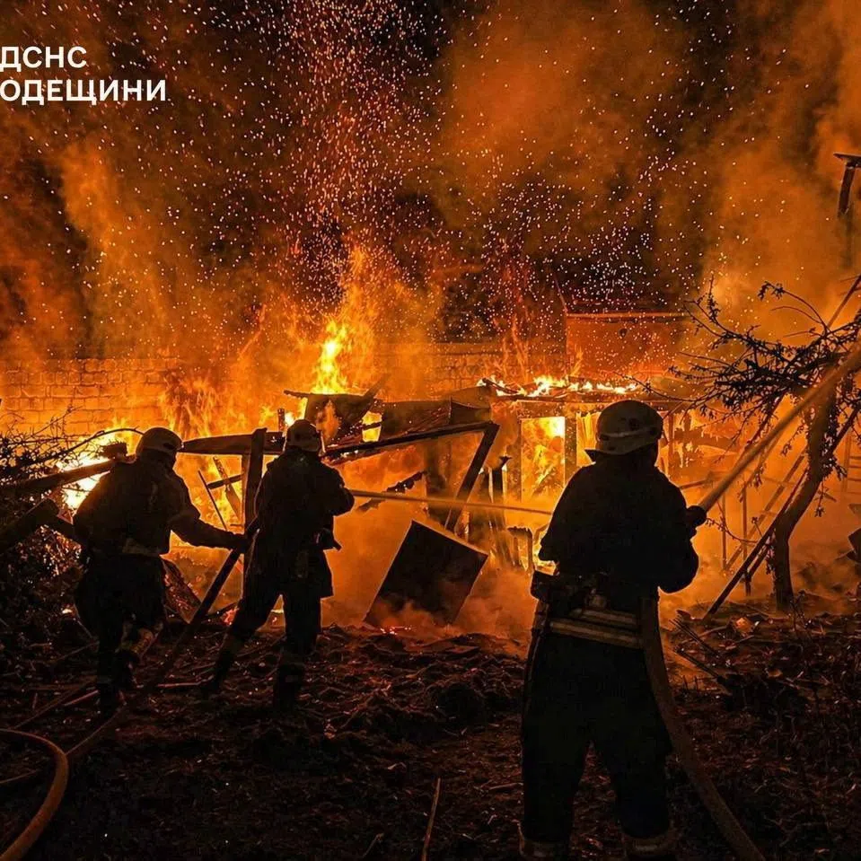 Firefighters work at a site of a Russian drone strike, amid Russia's attack on Ukraine, in Odesa region, Ukraine in this handout picture released April 29, 2026. Press service of the State Emergency Service of Ukraine in Odesa region/Handout via REUTERS