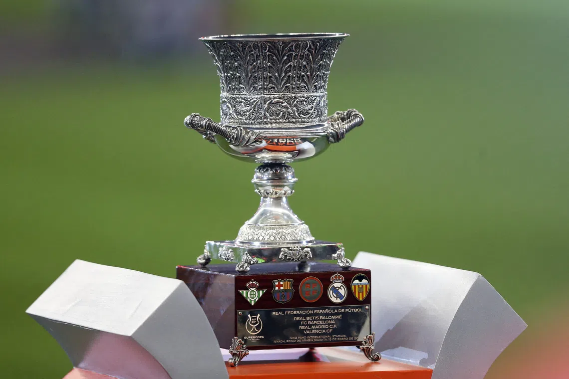 FILE PHOTO: Soccer Football - Spanish Super Cup - Final - Real Madrid v FC Barcelona - King Fahd Stadium, Riyadh, Saudi Arabia - January 15, 2023 General view of the Super Cup trophy on display before the match REUTERS/Ahmed Yosri/File Photo