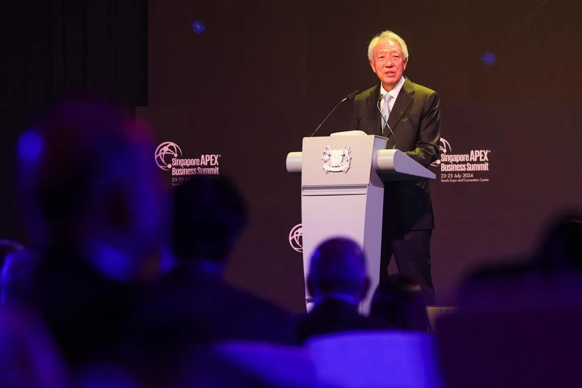 Teo Chee Hean, Senior Minister and Coordinating Minister for National Security, delivers his speech at the Singapore Apex Business Summit (SABS) held at Sands Expo & Convention Centre, on July 24, 2024.