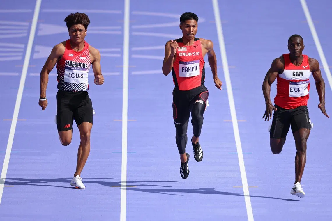 Singapore sprinter Marc Louis (far left) competing in the men's 100m preliminary round on Aug 3 at the Stade de France. He was third in his race behind Ebrahima Camara of Gambia and Muhd Azeem Fahmi of Malaysia.