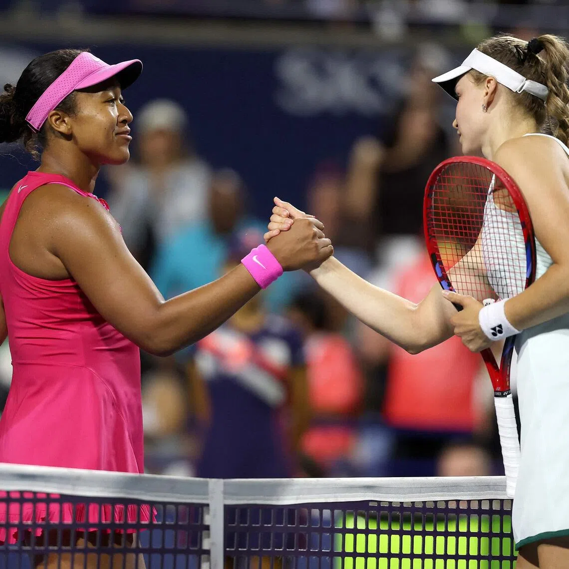 Naomi Osaka of Japan (left) congratulates Elena Rybakina of Kazakhstan after their match during the quarterfinals on day 10 of the National Bank Open Presented by Rogers in Toronto, Ontario.