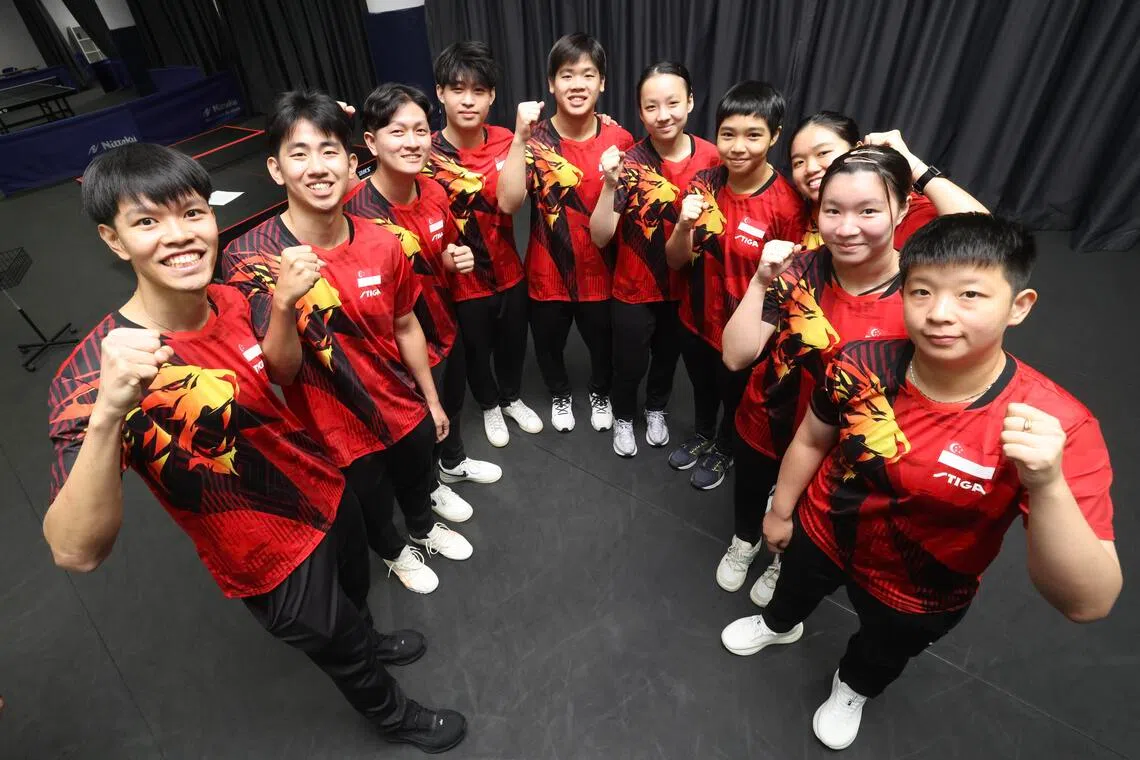 Singapore’s table tennis players (clockwise from left) Josh Chua, Koen Pang, Clarence Chew, Ellsworth Le, Izaac Quek, Ser Lin Qian, Loy Ming Ying, Tan Zhao Yun, Chloe Lai and Zeng Jian are aiming for a breakthrough at the Sept 19-Oct 4 Asian Games after failing to win a medal in the 2022 edition.