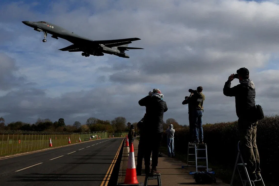 A USAF B-1 bomber approaches to land at RAF Fairford airbase in Gloucestershire, Britain, on March 17.