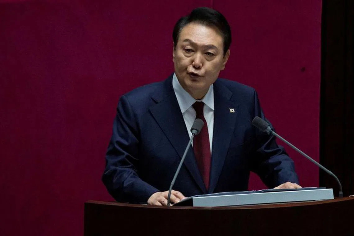 South Korean President Yoon Suk-yeol speaks on the government budget at the National Assembly in Seoul, South Korea, 25 October 2022. JEON HEON-KYUN/Pool via REUTERS/file photo