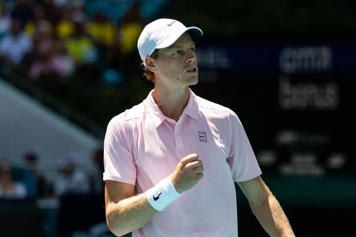 Mar 26, 2026; Miami Gardens, FL, USA; Jannik Sinner of Italy reacts after a point against Frances Tiafoe of the United States in the quarter finals of the men’s singles at the Miami Open at Hard Rock Stadium. Mandatory Credit: Mike Frey-Imagn Images