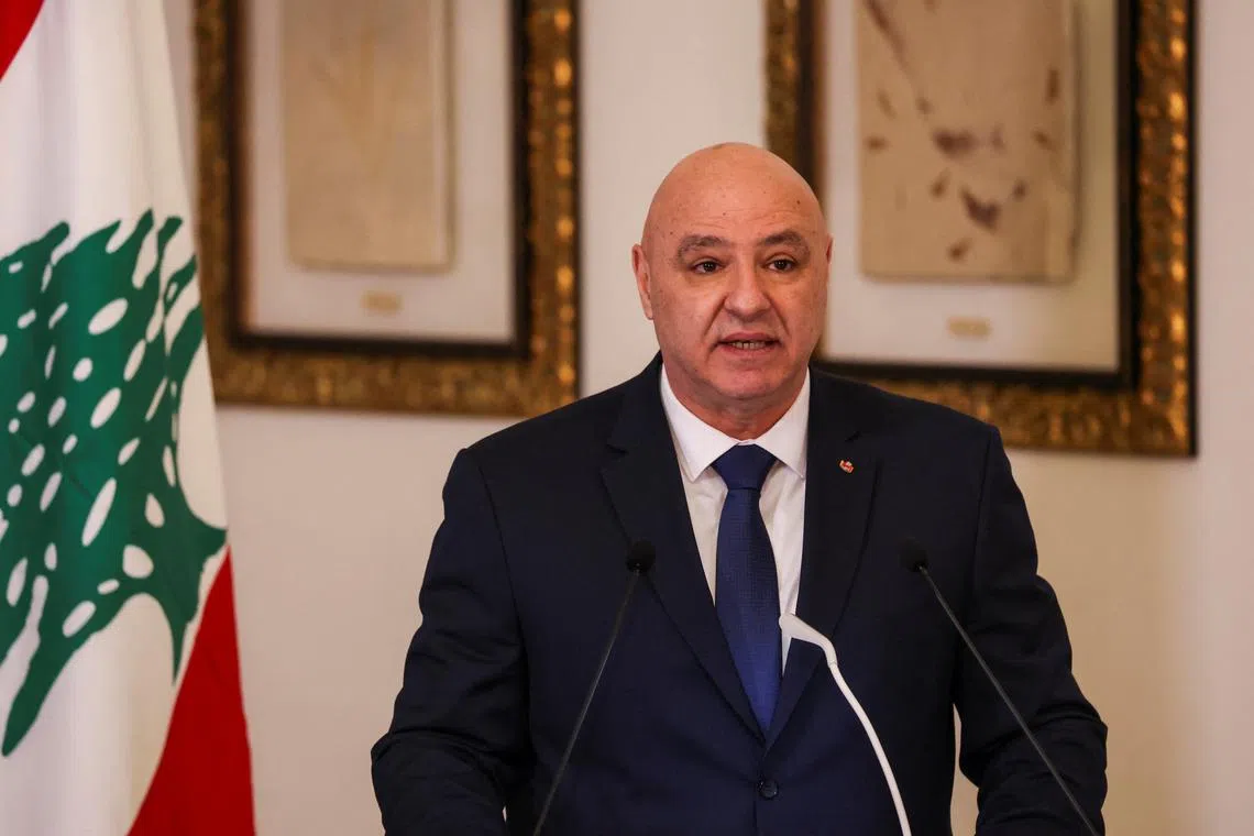 FILE PHOTO: Lebanese President Joseph Aoun attends a press conference, at the presidential palace, in Baabda, Lebanon January 17, 2025. REUTERS/Mohamed Azakir/File Photo