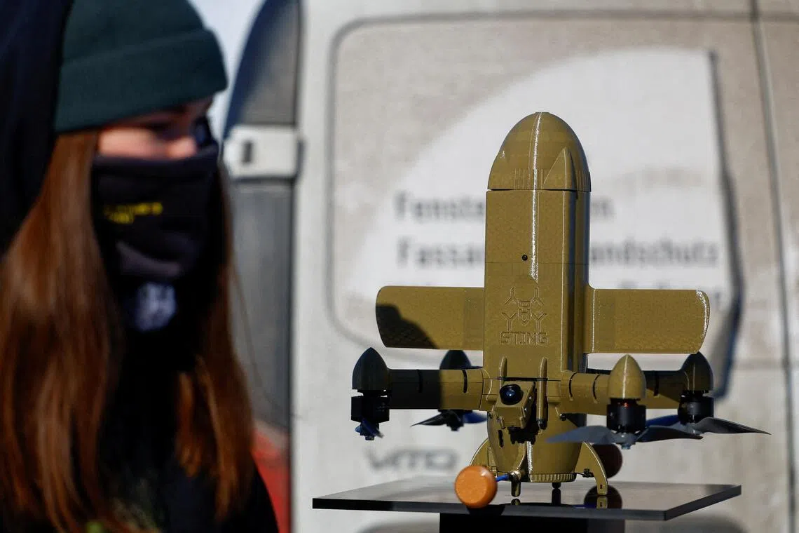 A STING FPV interceptor drone on display at an exhibition in Ukraine featuring Ukrainian drone makers in February 2026.