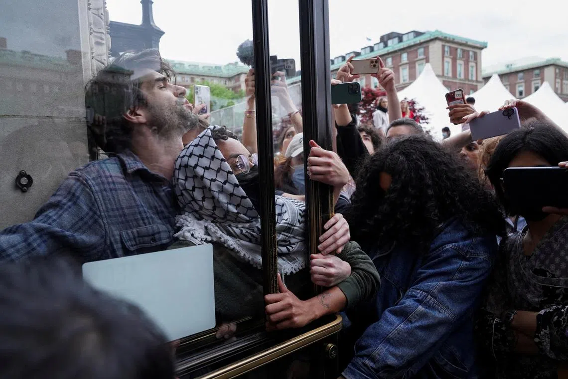 Pro-Palestinian protesters demonstrating at Butler Library on the campus of Columbia University in New York on May 7. 