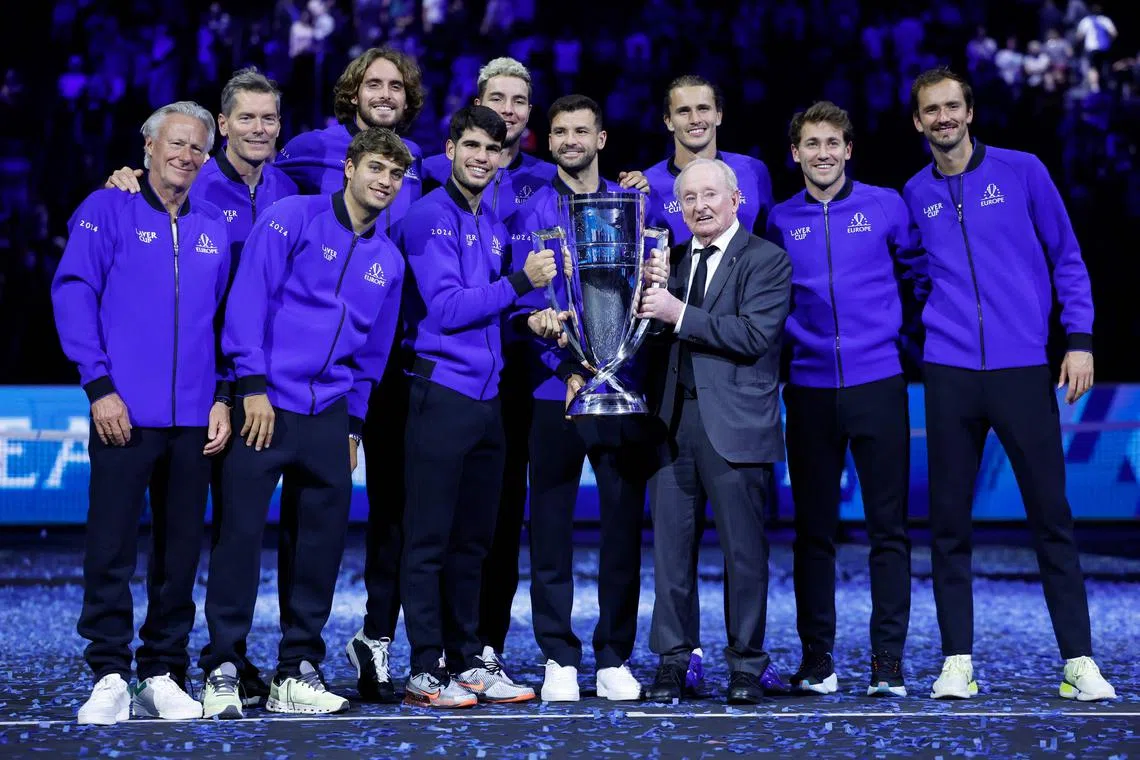 Team Europe celebrating with their trophy after beating Team World in the Laver Cup on Sept 22, 2024.